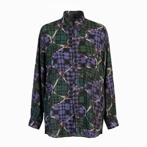 Pure Green and Purple 100% Silk Button Down Shirt Size M Vintage 90s Equestrian